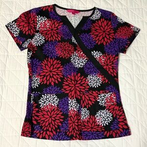 Beyond Scrubs Top Small Floral Firework Print Black Purple Red Nurse Uniform S